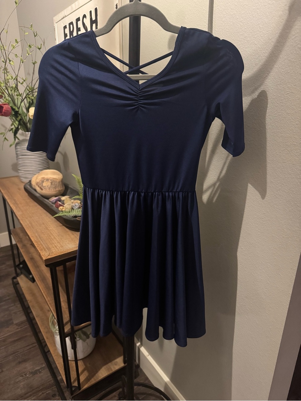 Dot Dot Smile Navy Short Sleeve Skater Dress with Crisscross Back